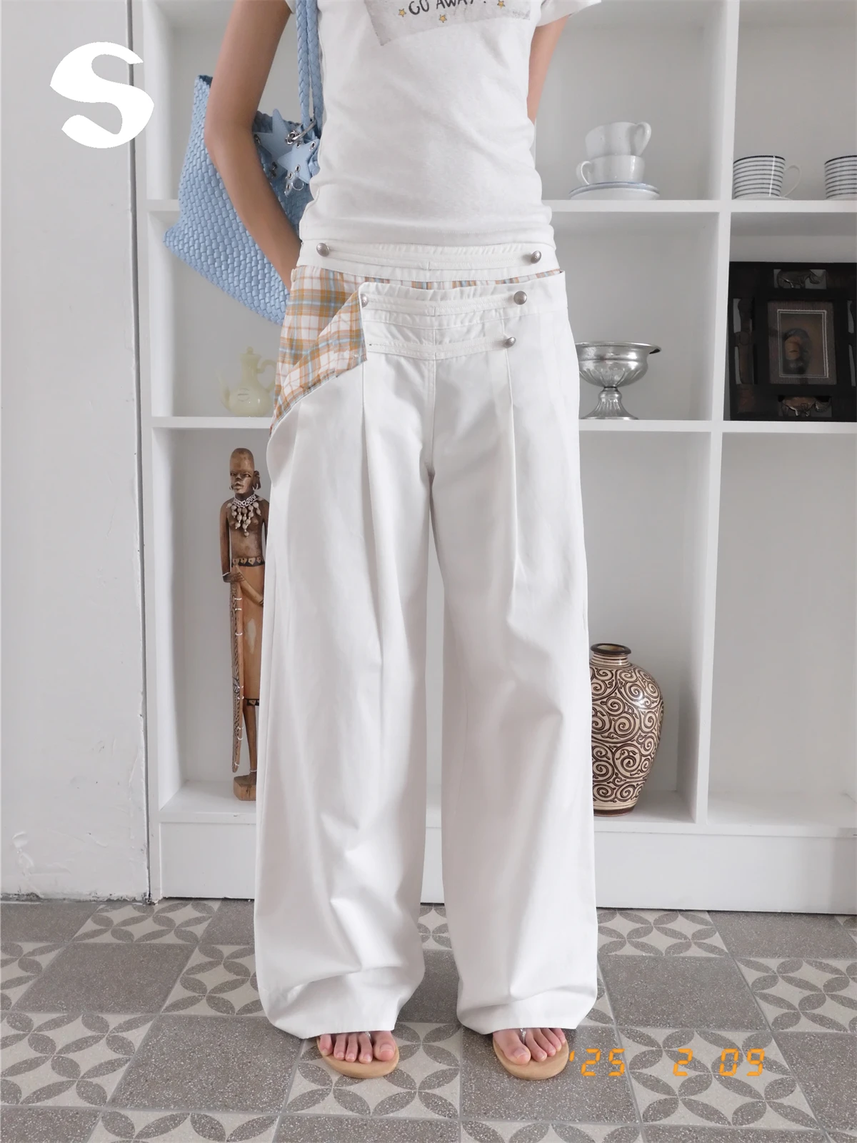 Low Waist Wide Leg Workwear Trousers for Women Summer Casual Checkered Sleep at 11 Brand Zipper Closure Straight Cut Pants