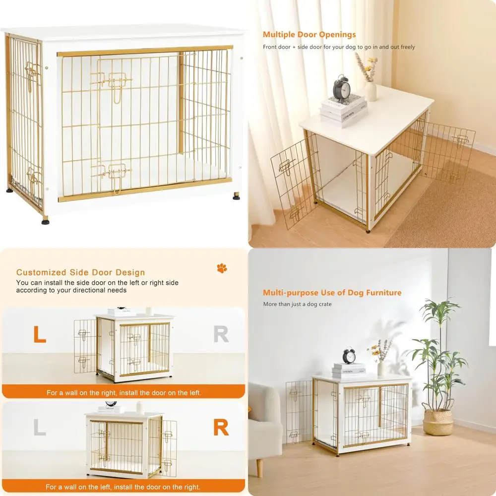 

Medium White Wooden Dog Crate with Cushion and Double Doors, Indoor Dog House Furniture, 32.5 L