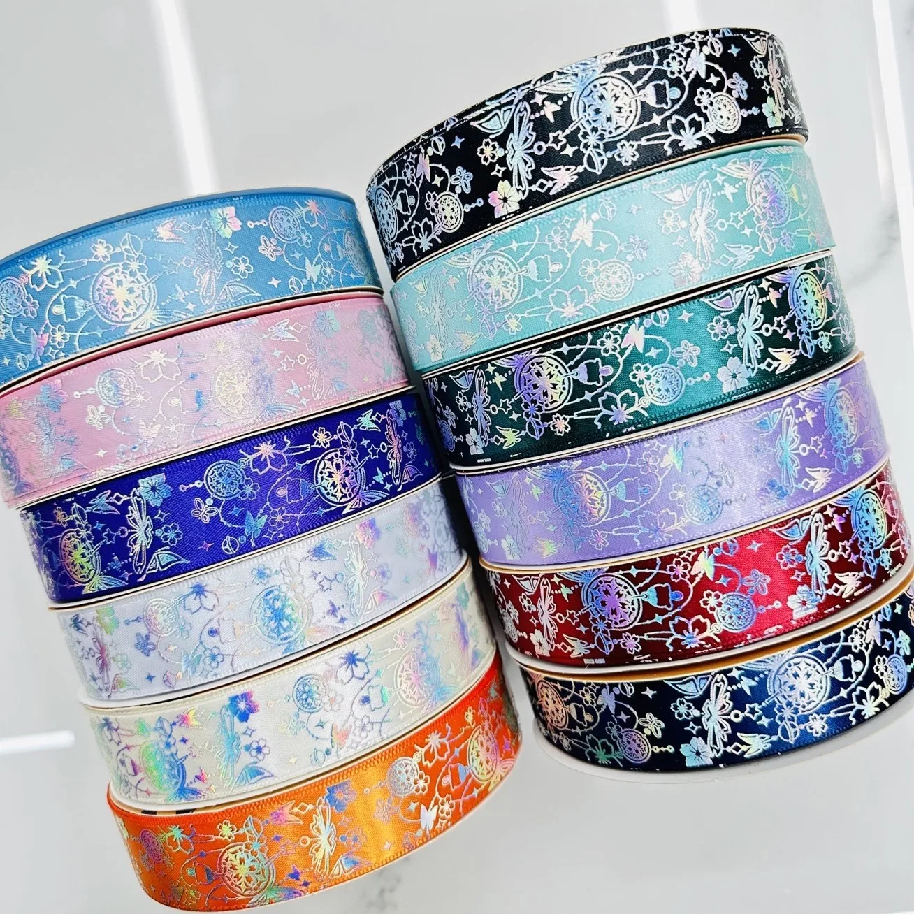 50 yardas 25mm lámina de plata iridiscente mariposa japonesa flor cinta de satén para insignia accesorios de embalaje DIY