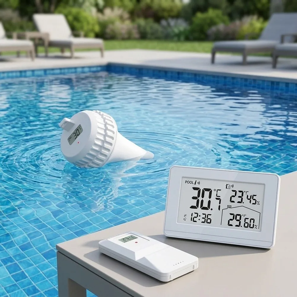 3-in-1 Backlit LCD Thermometer Hygrometer for Pool Water Temperature Indoor Humidity and Outdoor Condition Tracking