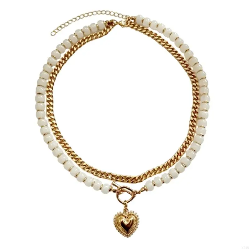  Women's Bead and Chain Necklace, Sculpted Heart Pendant with 2-Strand Styling and Defined Front and Rear Closures
