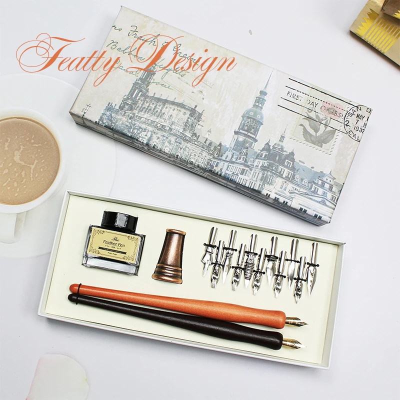 FEATTY Retro Italy Style 13 Calligraphy Nibs 2 Dip pens Set Art Calligraphy Writing Wooden Pen set for Cartoon Lettering Drawing