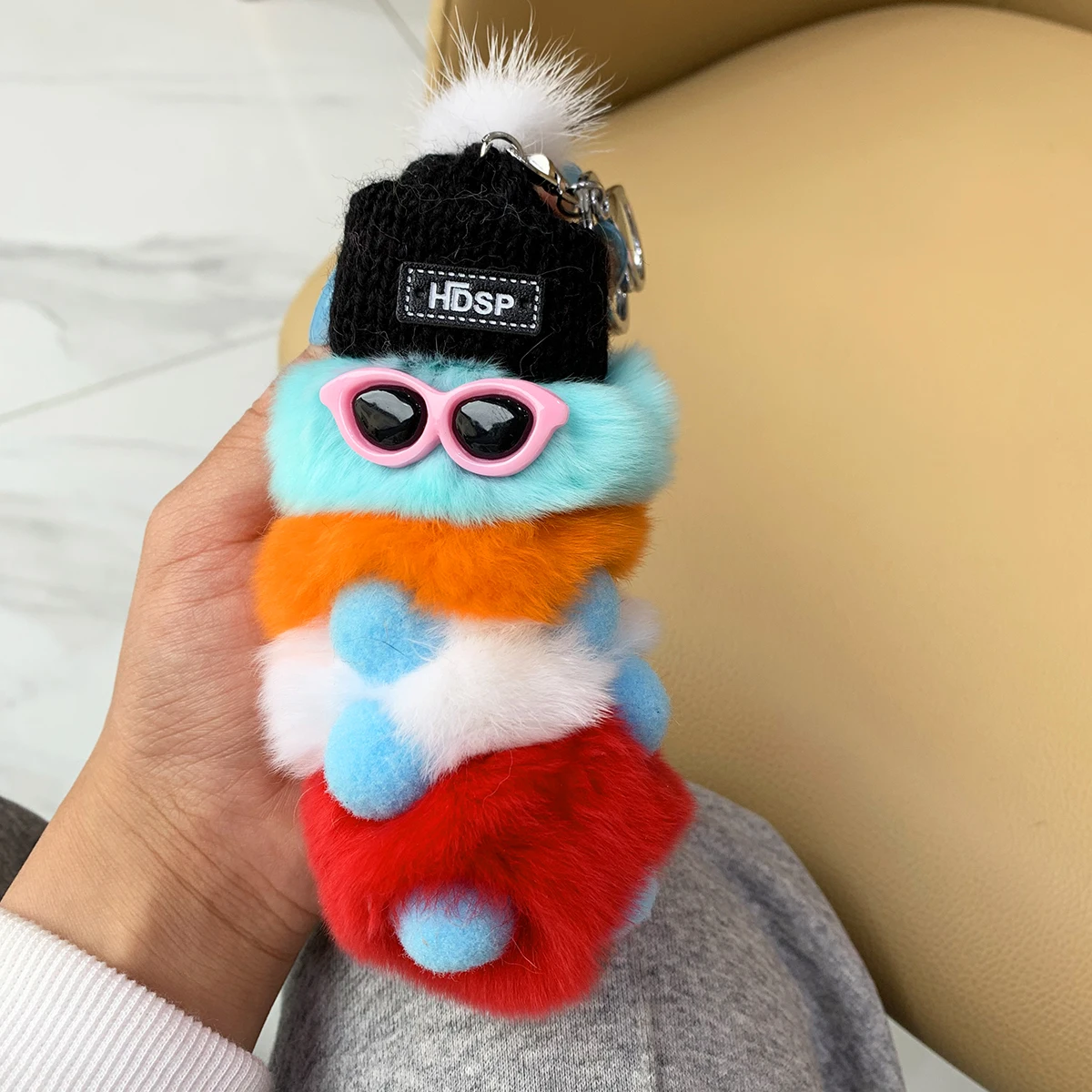 Cute Colorful Plush Caterpillars Keychain With Sunglasses Soft Rabbit Fur Animal Pompom Pendant With key Rings For Women Handbag