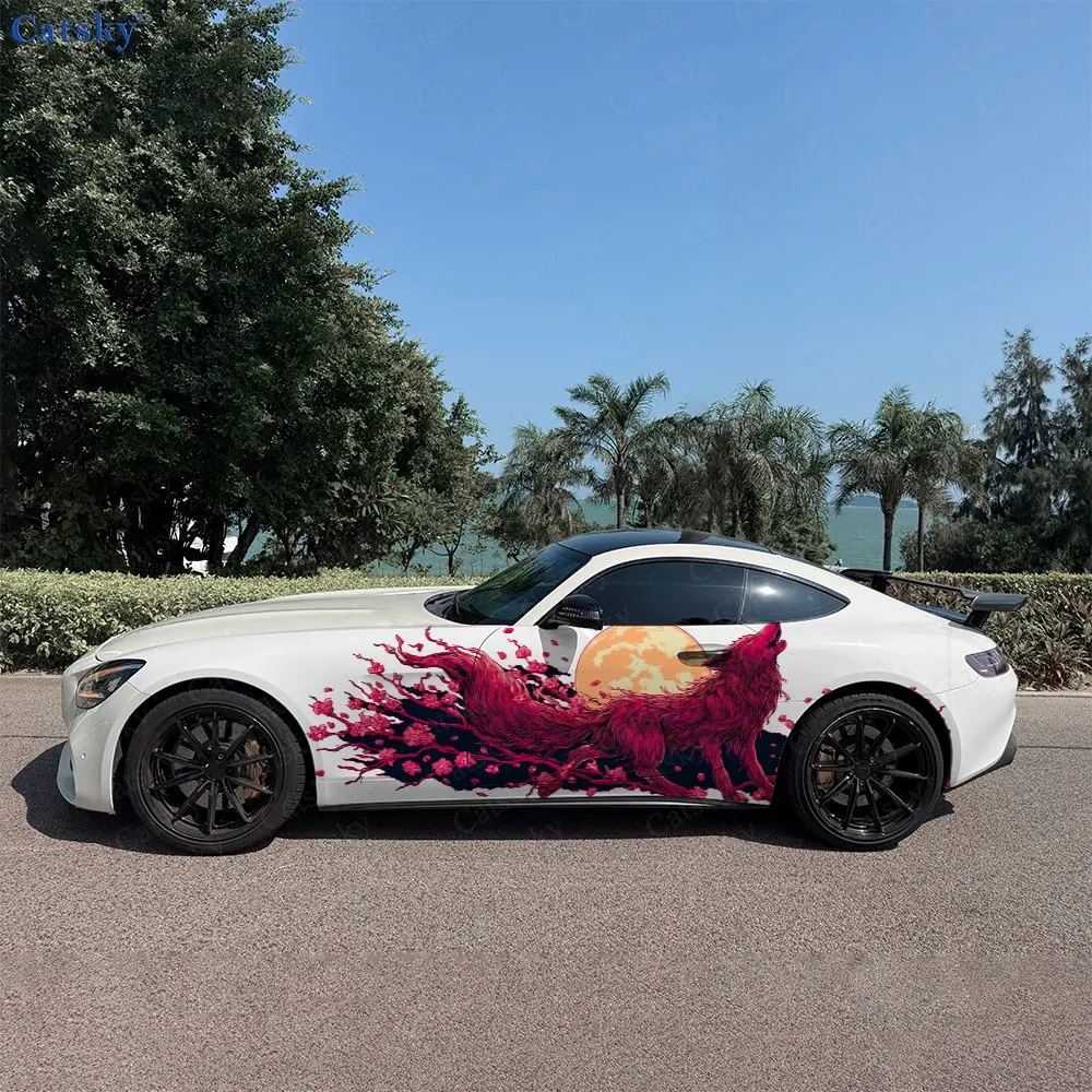 2pcs Howling Red Wolf & Sakura Car Side Wraps, Self-Adhesive PVC Waterproof & Scratch-Resistant Stickers, Car Accessory Gift