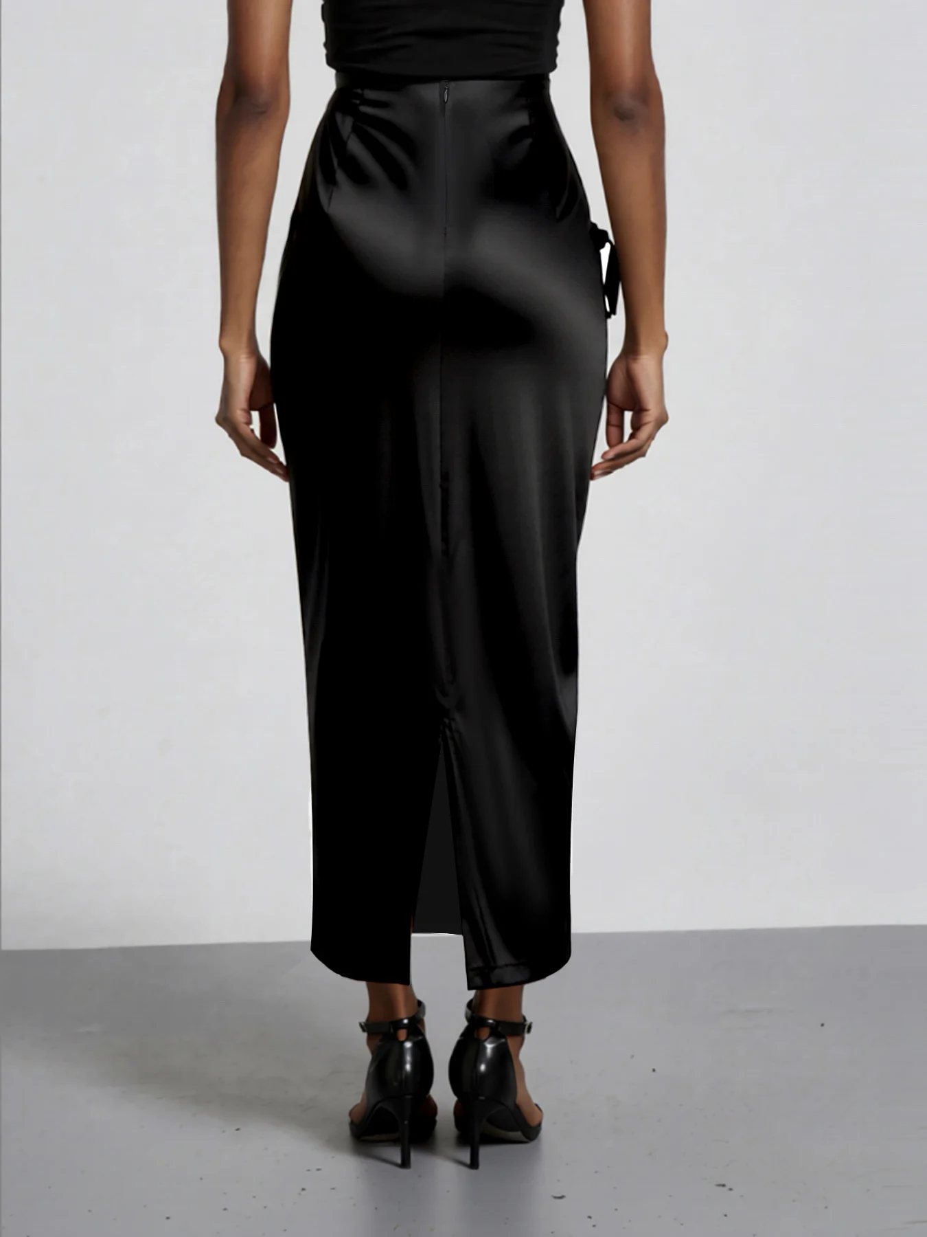 Women Solid High Waist Maxi Skirt, Spring Summer, Side Shirring Back Slit Slim Fit