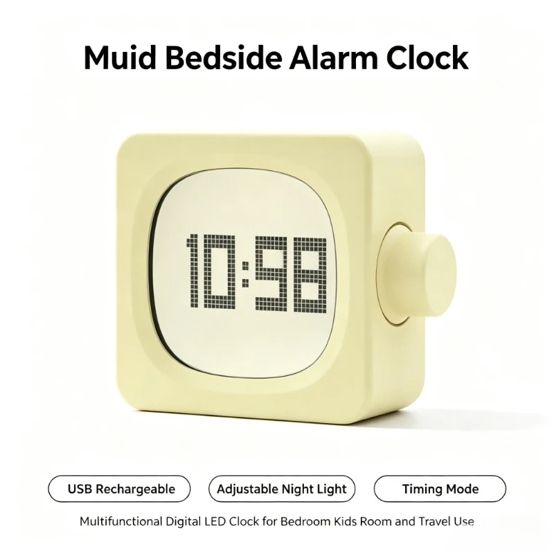 Muid Multifunctional USB Rechargeable Alarm Clock Adjustable Night Light Timing Snooze Bedside LED Desk Clock