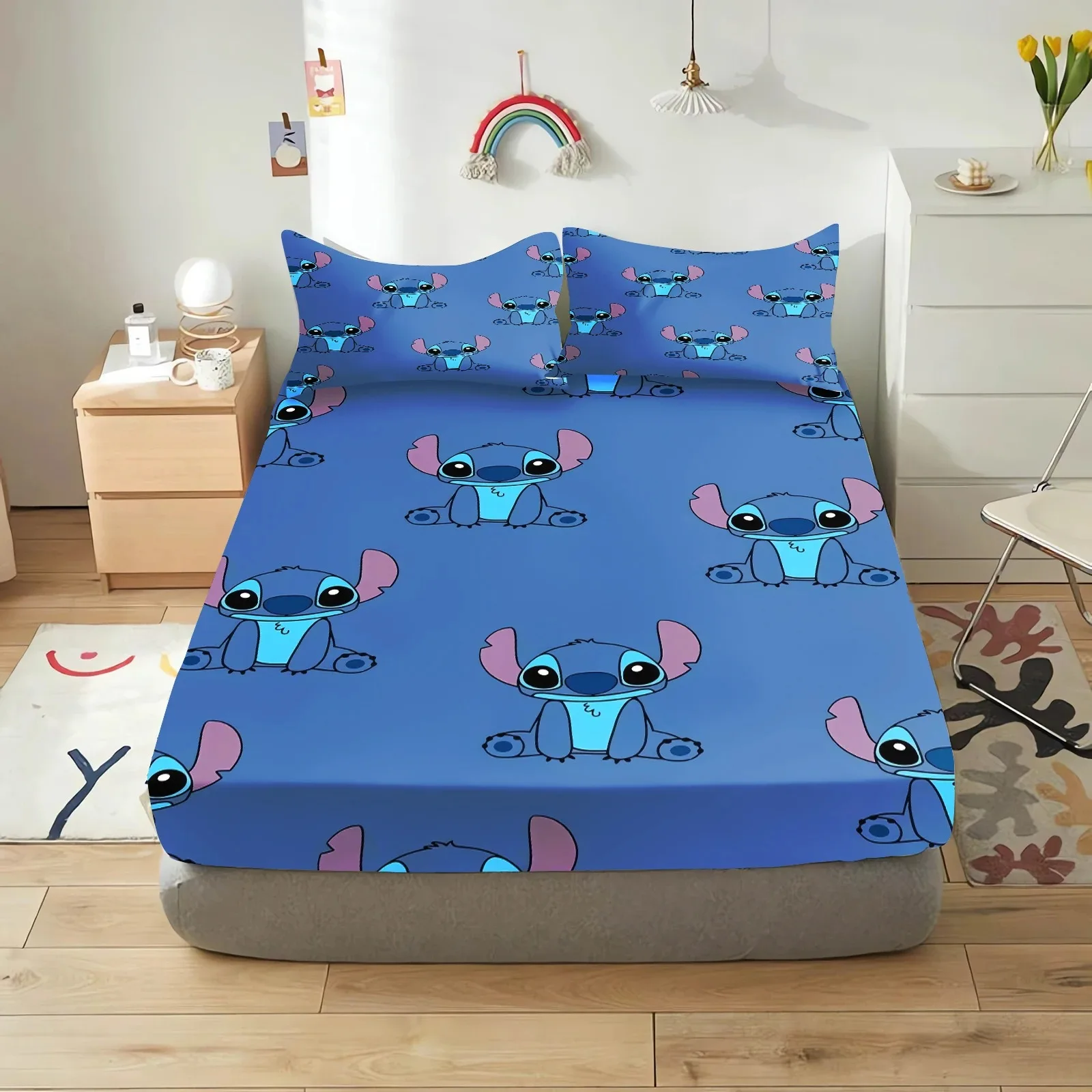 Disney Stitch Fitted Bed Sheet with Elastic Bands Mattress Cover Non Slip Machine Washable 140/160/180/200cm