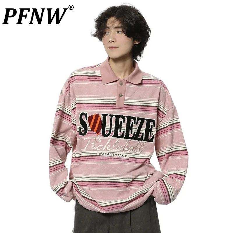 

PFNW Male Tie Dye Vintage Letter Embroidery Sweatshirt New Korean Lapel Striped Men Loose Casual 2024 Autumn Trendy Tops 28W4248