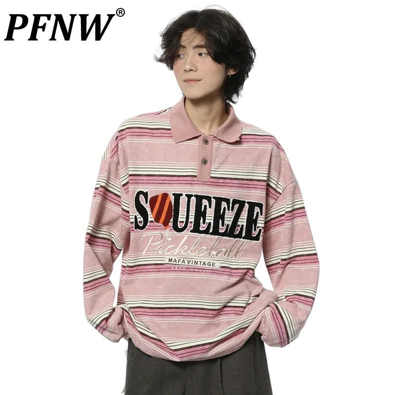 

PFNW Male Tie Dye Vintage Letter Embroidery Sweatershirt New Korean Lapel Striped Men Loose Casual 2024 Autumn Chic Tops 28W4248