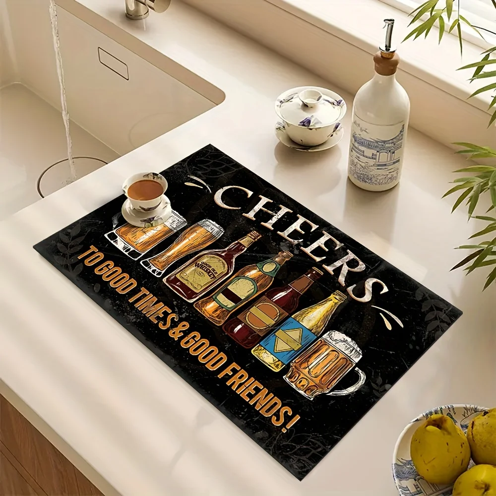 Vintage Beer Cheers Dish Drying Mat Absorbent Quick Dry Washable Pad For Kitchen Counter Coffee Bar Daily Use