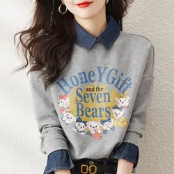 Casual Fashion Cartoon Printed Letter Sweatshirts Spring Autumn Commute Denim Spliced Women's Clothing Korean Loose Pullovers