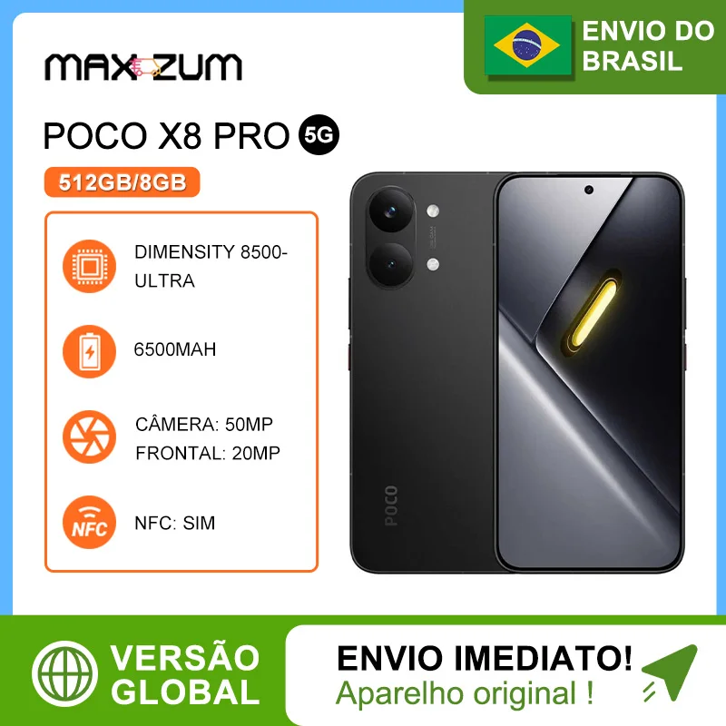Poco X8 PRO 5G, 512GB/8GB Versão Global, MediaTek Dimensity 8500-Ultra, Bateria de 6500mAh, Câmera de 50MP