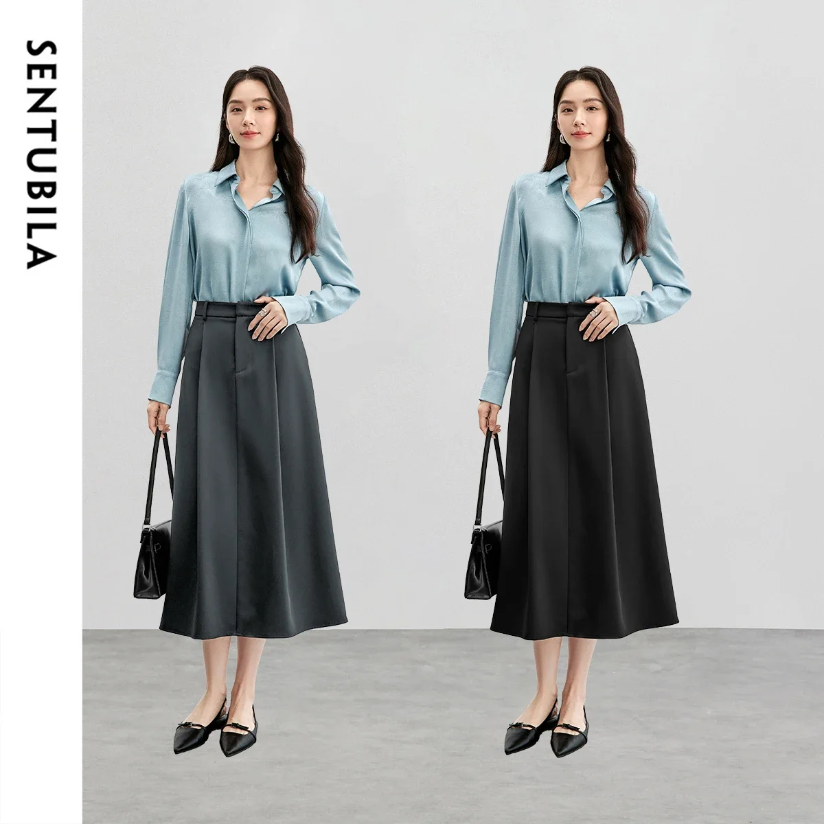 

SENTUBILA черная расклешенная юбка для женщин, весна-осень 2022, офисная женская юбка-миди с эластичной резинкой на талии, женская осенняя одежда 151Q57540