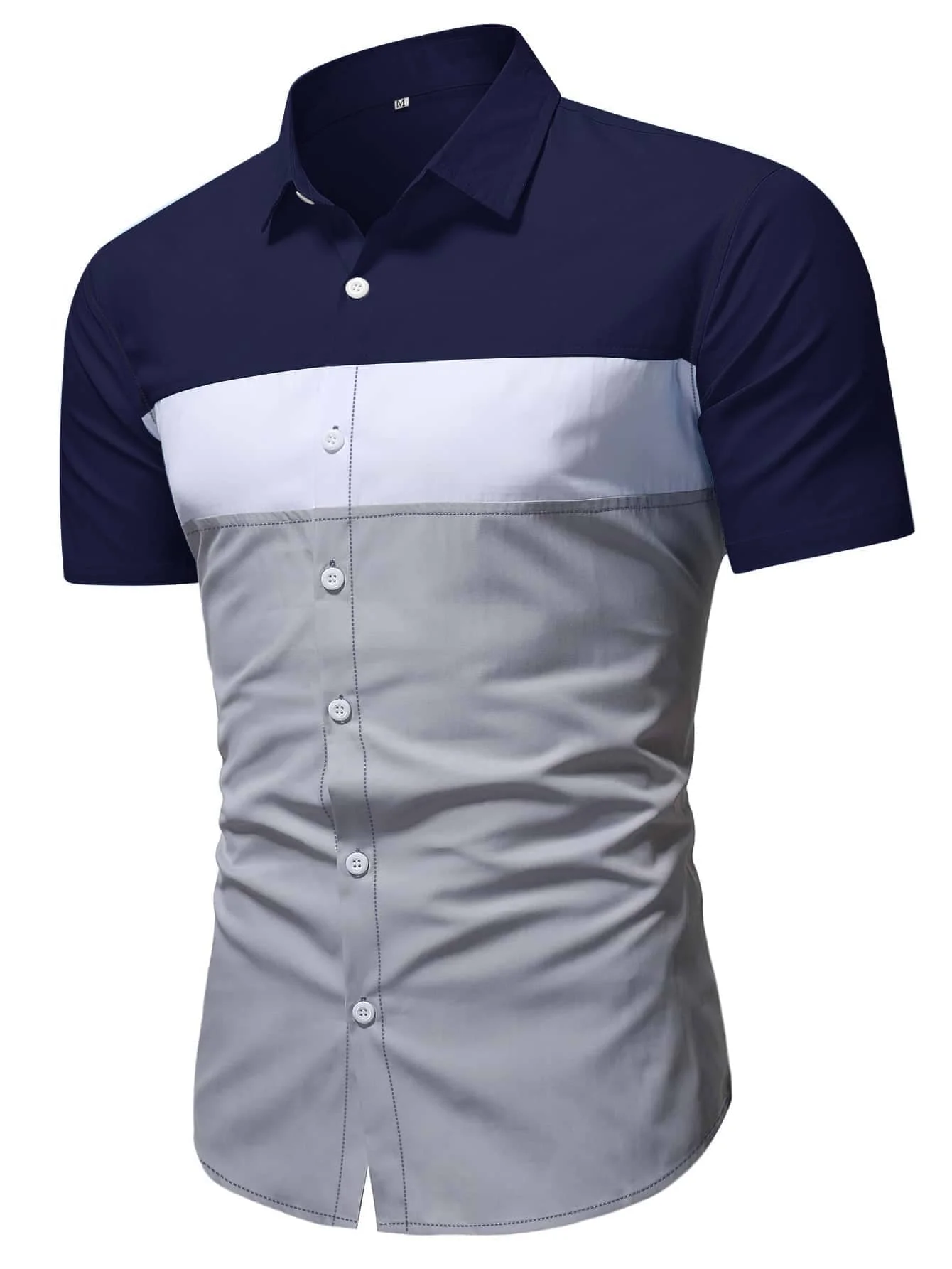 

Men's Color Block Short Sleeve Button-Down Shirt - Navy White Gray
