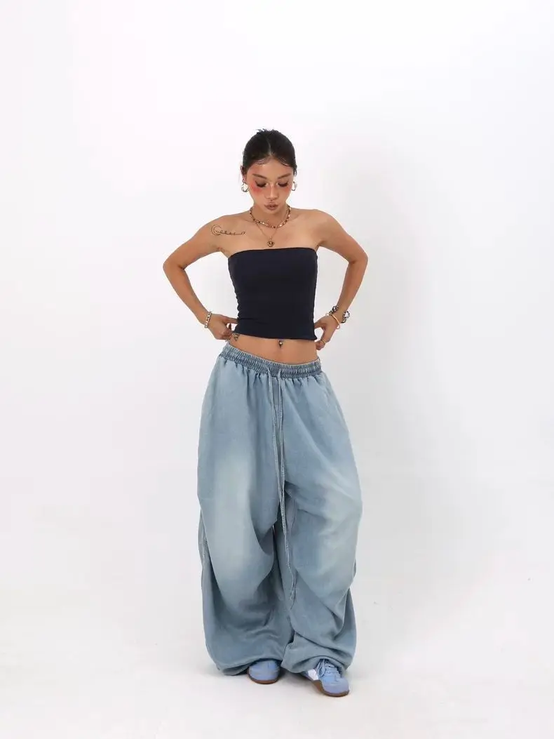 American Retro Drawstring Jeans For Women In Spring And Autumn, Simple And Versatile, Hanging Loose And Wide Leg Pants
