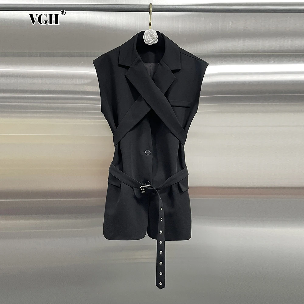 

VGH Minimalist Fashion Style Slimming Jackets For Women Notched Collar Sleeveless Spliced Blet Crisscross Design Blazer Female