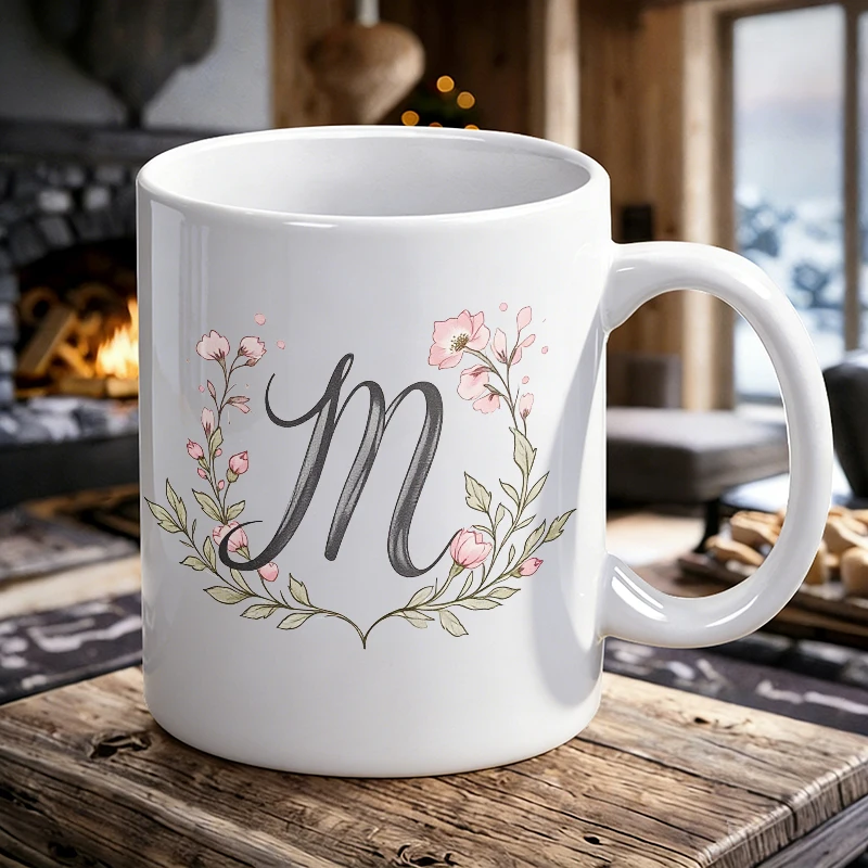 Elegant Floral Monogram Key Button Printed Pattern Mug Coffee Cup Ceramic Cup with Mother's Day print