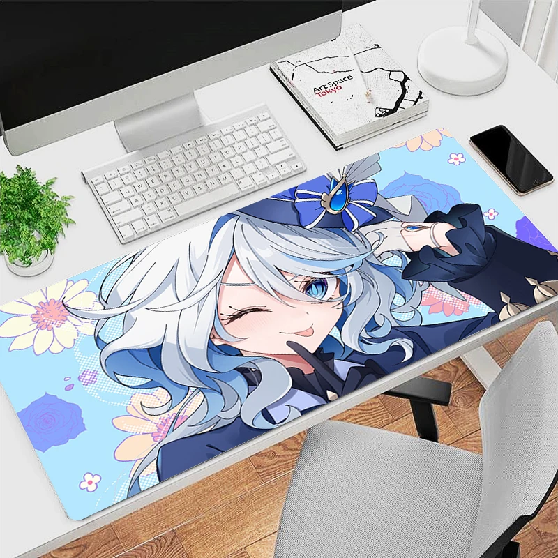 Gaming Mouse Pad, Stitched Edges, Light Blue Anime Girl with Floral Artwork Print, Keyboard Pad for Gamer Home Office Desk Mat