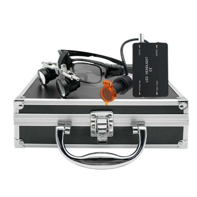 Binocular Dental Loupes 3.5X Magnifier w 5W Spotlight Headlight Smart Focus w Yellow Filter Metal Box