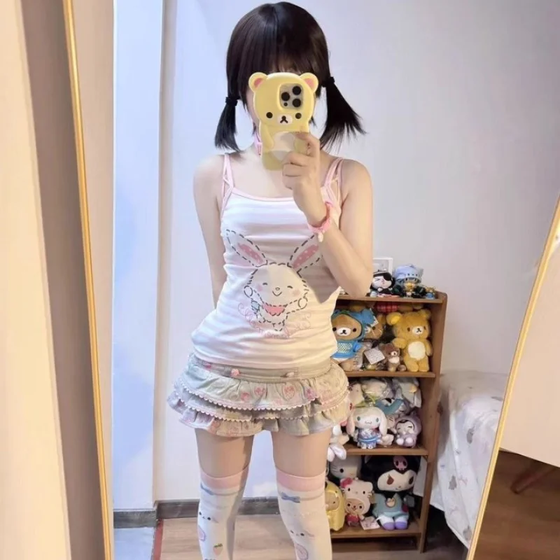 Japanese cute rabbit striped camisole Y2K slim fit women's top summer new base tank casual street style
