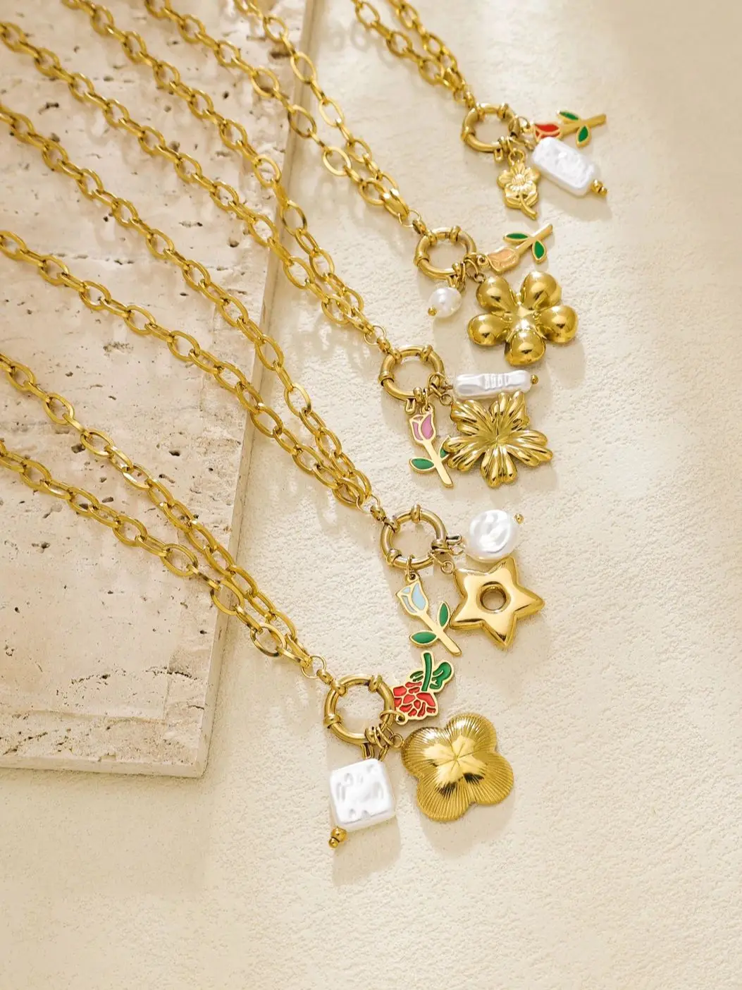 

Retro Fashion Stainless Steel Oil Drop Flower Pearl Star Pendant Necklace Women's Exquisite DIY Fashion Jewelry Gift