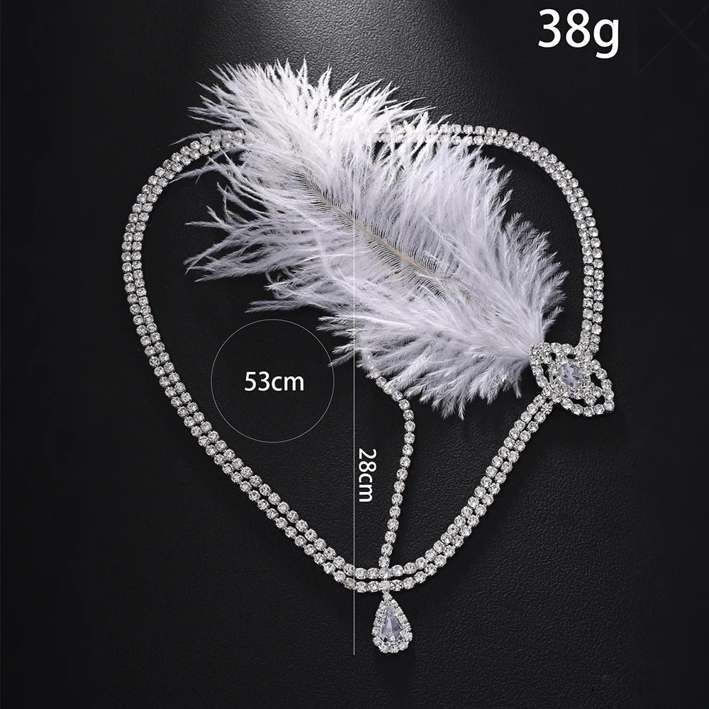 خمر 1920s الأبيض ريشة عقال غاتسبي النساء إكسسوارات الشعر تصميم العرقية حجر الراين رئيس سلسلة الزعنفة حفلة موسيقية مجوهرات هدية #2