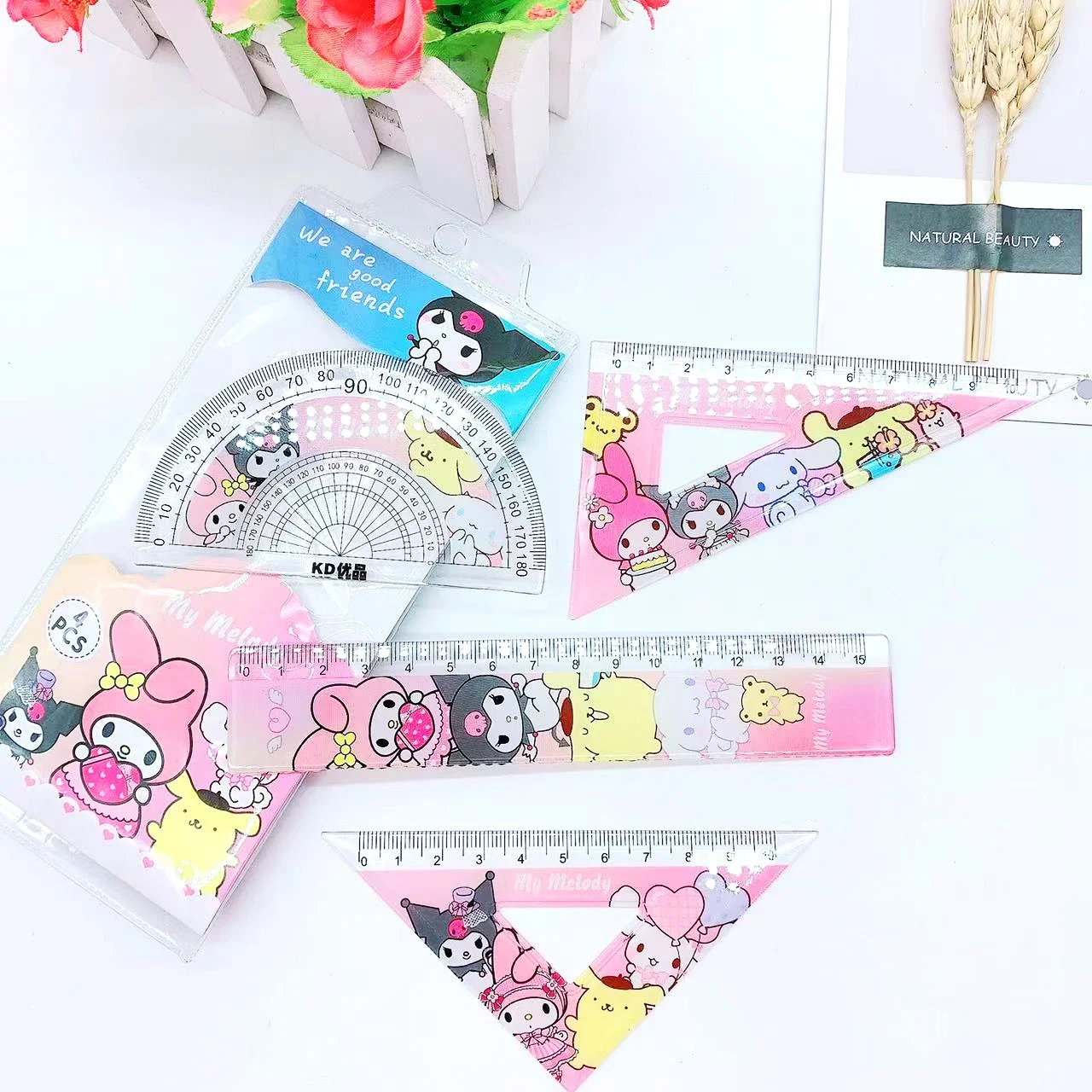 Cartoon Sanrio Student Ruler 4 Piece Set Kawaii My Melody Kuromi Triangular Plate Protractor Measuring Ruler Stationery Set Gift