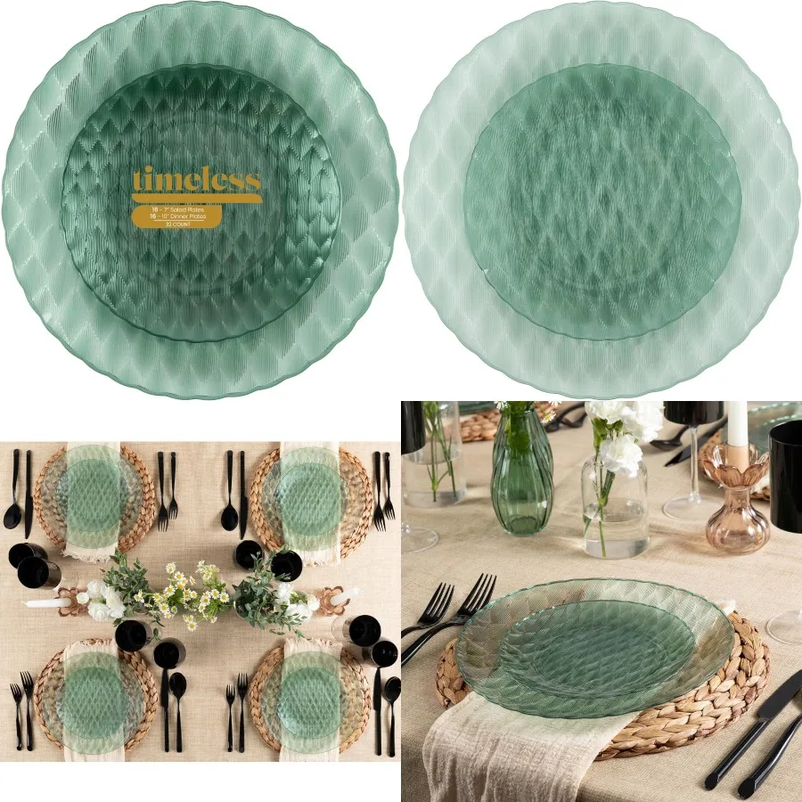 

Набор пластиковых посуды из 32 предметов с тарелками 1610 дюймов и 167 дюймов для элегантной полупрозрачной зеленой одноразовой посуды, подходящей для пар