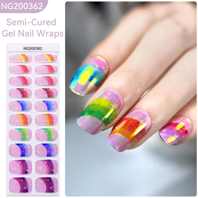 Envolturas de uñas de Gel semicurado gradiente de colores, pegatinas de uñas de Gel rápido, decoración de manicura de Gel de cobertura completa láser, 20, 22 puntas