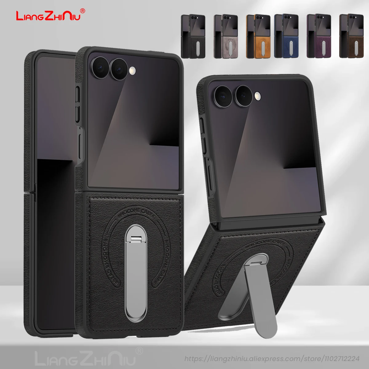 

For Samsung Galaxy Z Flip 7FE 7 6 5 4 3 Folding Leather Phone Case 360 Stand Magnetic Magsafe Charging Stitching Leather Cover