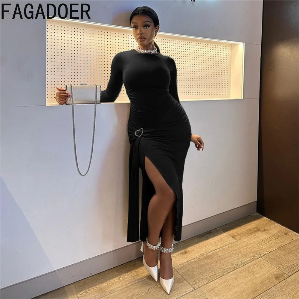 FAGADOER Sexy Ruched Irregular Lace Up Bodycon Long Dress 2024 Women Round Neck Long Sleeve Slit Vestidos Fashion Solid Clothing