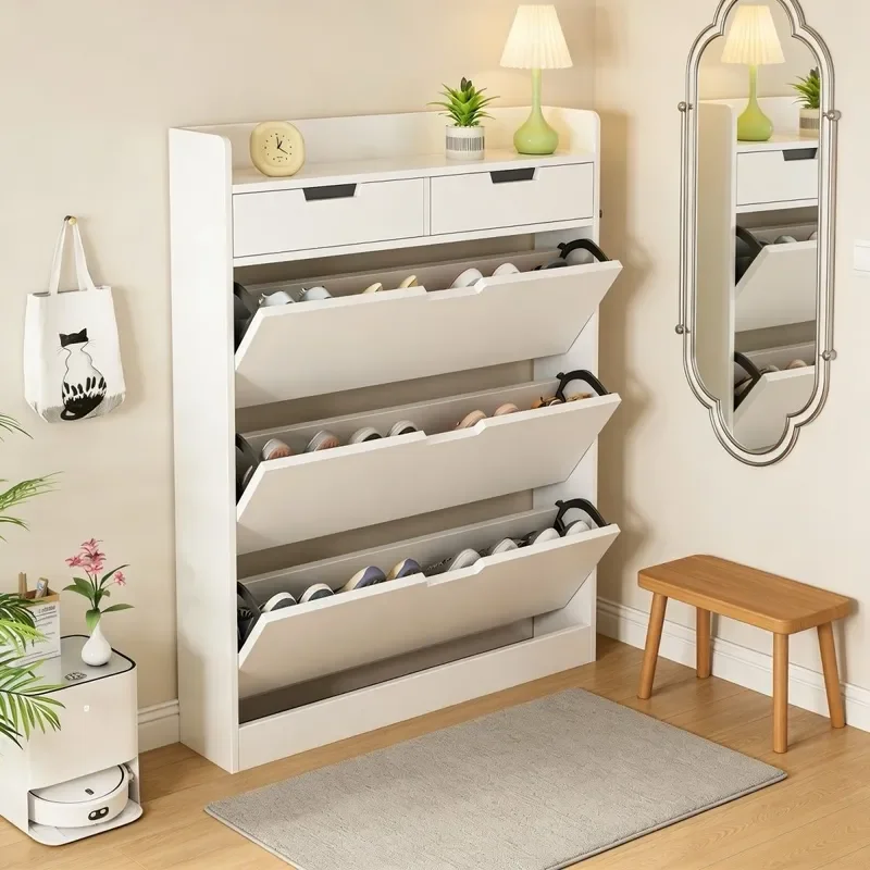 for Ultra-thin Shoe Cabinet Household Solid Wood Door Integrated Storage with Drawer for Corridor Outside Door Entryway