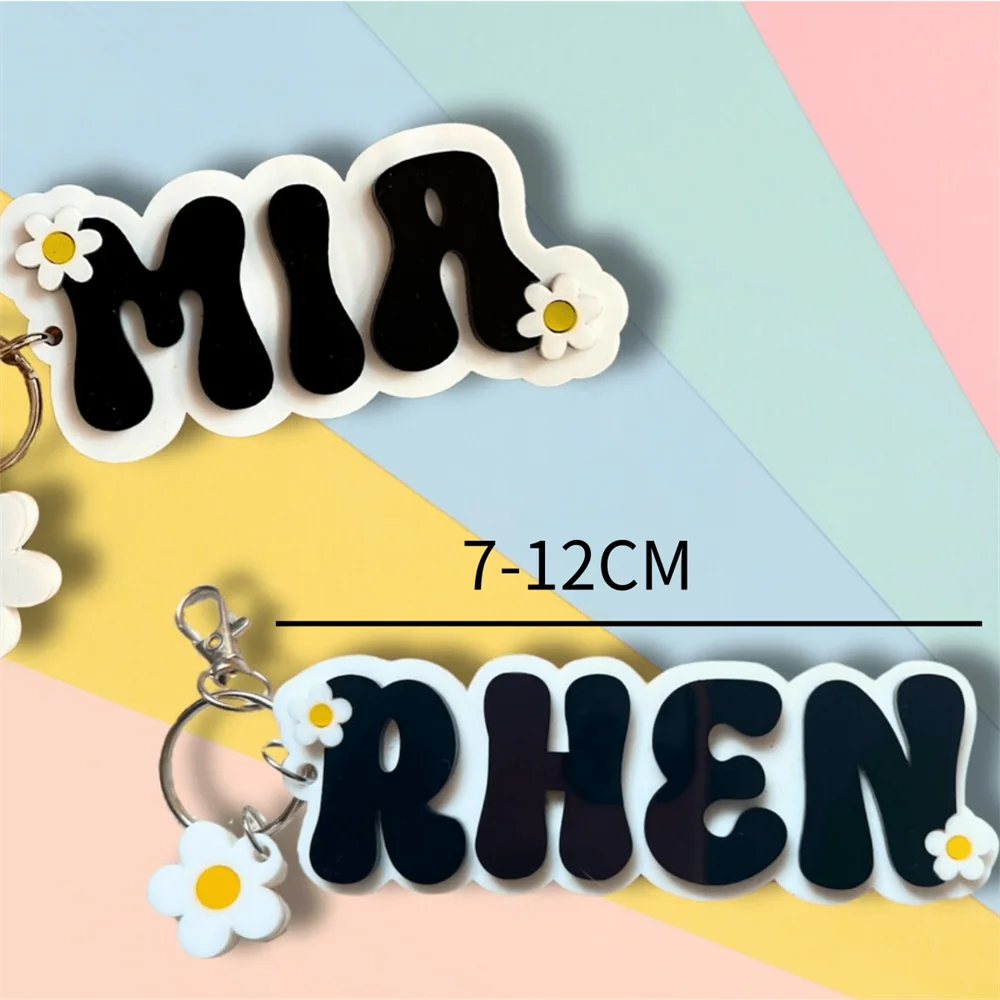 1PCS Customized Name Keychain Personalized Double Layer Acrylic Cute Daisy Rainbow Backpack Name Tag Custom Name Key Chain view 4