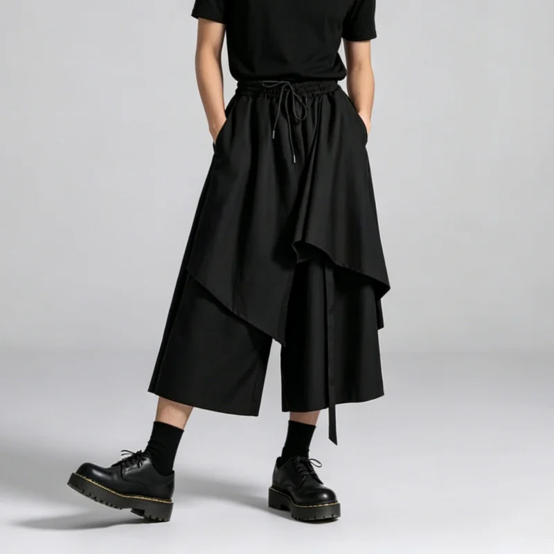 Men's casual pants, dark-toned irregular skirt-pants, loose high-waisted wide-leg pants, trendy cropped pants A33