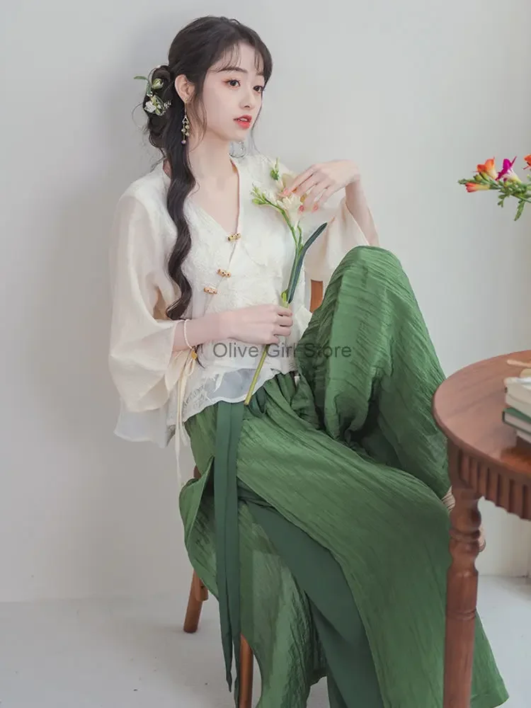 

Chinese Clothes for Women Suits Red-crowned Crane Embroidered Tea Clothing Set Spring Short Shirt Women's Two Piece Pant Set