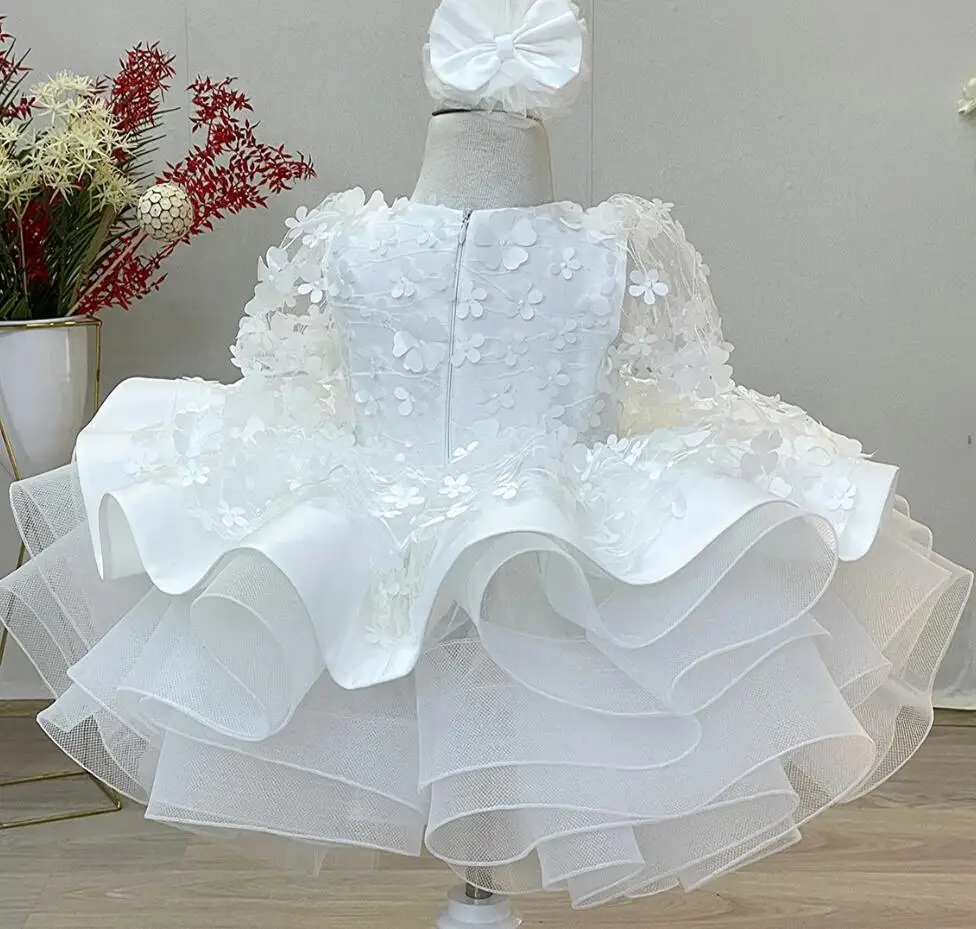 White Flower Girl Dress Short Sleeve Puffy 3d Applique Baby Kids Birthday Prom Baptism Princess Ball Gown First Communion Dress