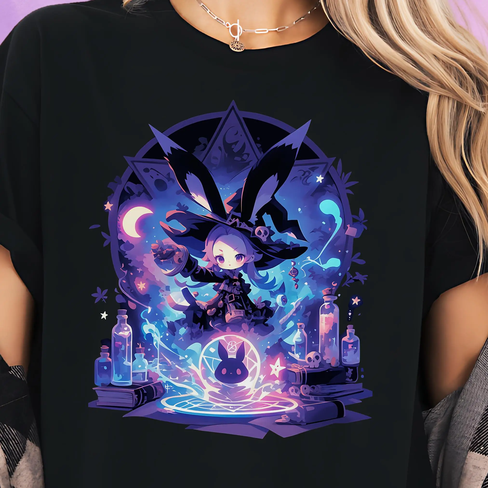 

Witchy Bunny Girl T-Shirt for Women Into Cute Harajuku Kawaii Aesthetics Anime and Manga Tee Pastel Goth Style