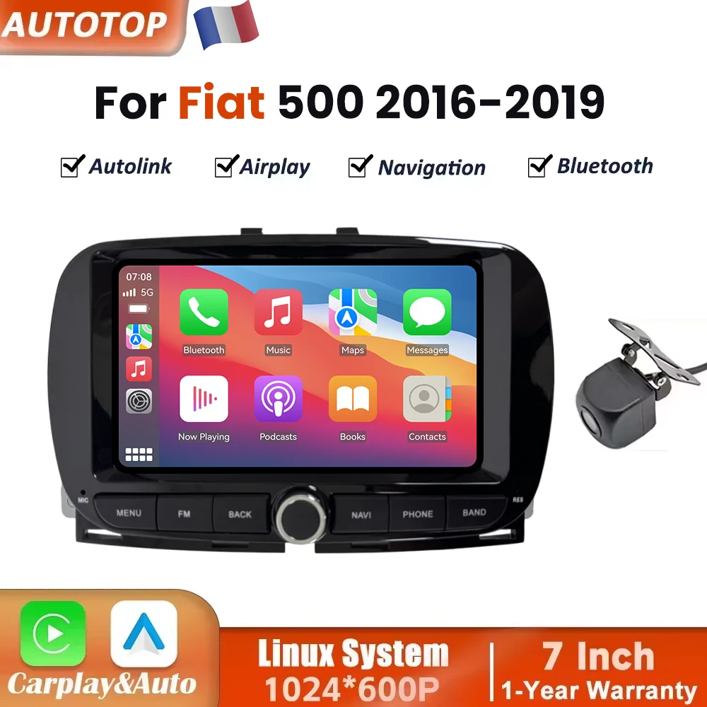 Autoradio da 7 pollici con sistema Linux, CarPlay wireless e Android Auto per Fiat 500, modelli 2016-2019, con schermo touchscreen multimediale, Airplay, Autolink, Mirror Link, WiFi, Bluetooth,