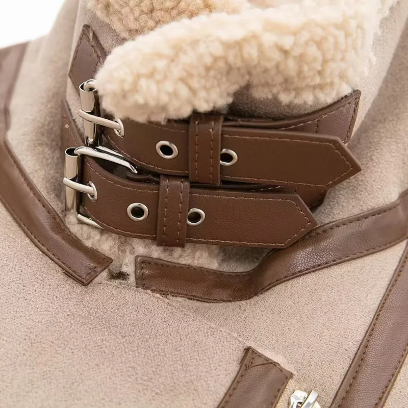 HKSH 겨울 신상 여성용 두꺼운 재킷 스탠드 칼라 지퍼 인조 스웨이드 패치워크 양털 PU 가죽 트렌드 인스 따뜻한 코트 HK15811