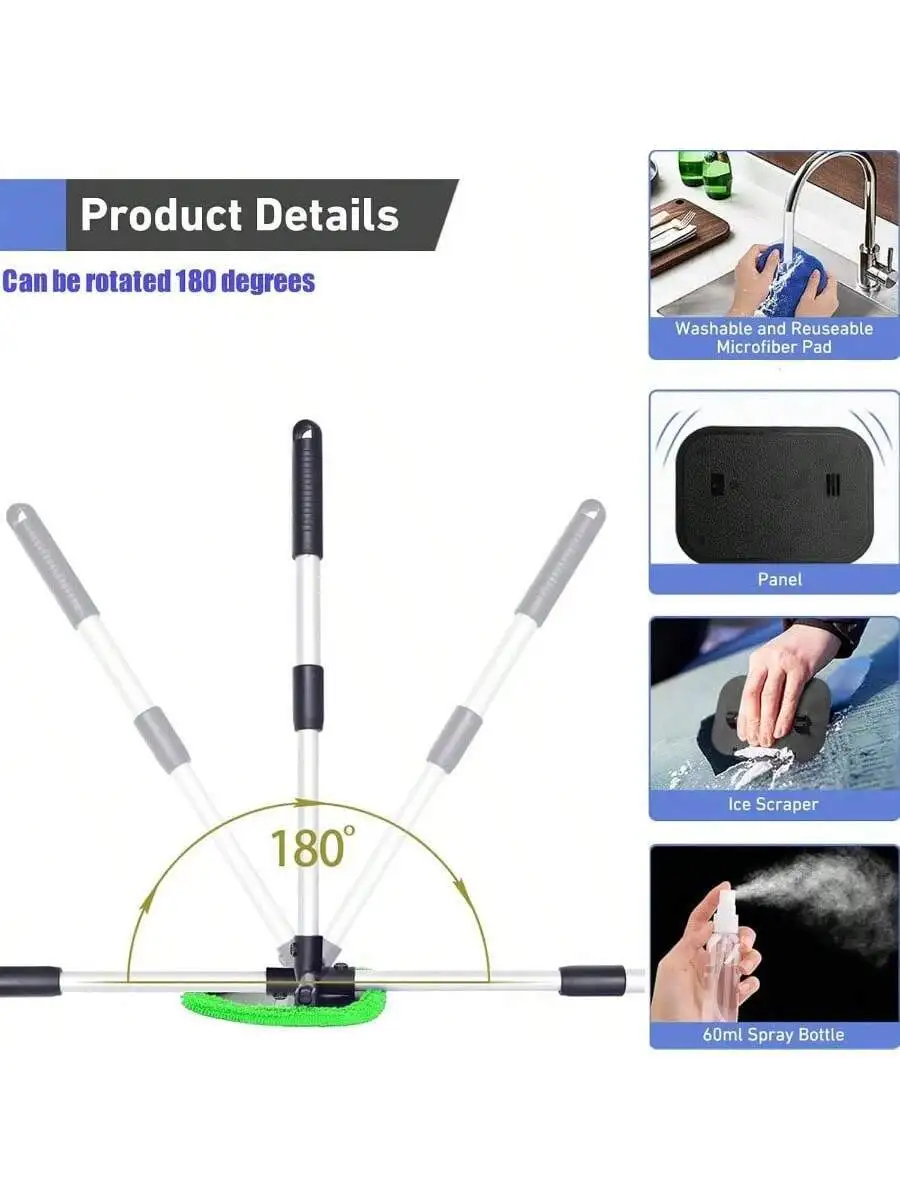 Windshield Cleaning, Car Window Cleaner Windshield Cleaner With 4 Reusable And Washable Microfiber Pads And Extendable Handle