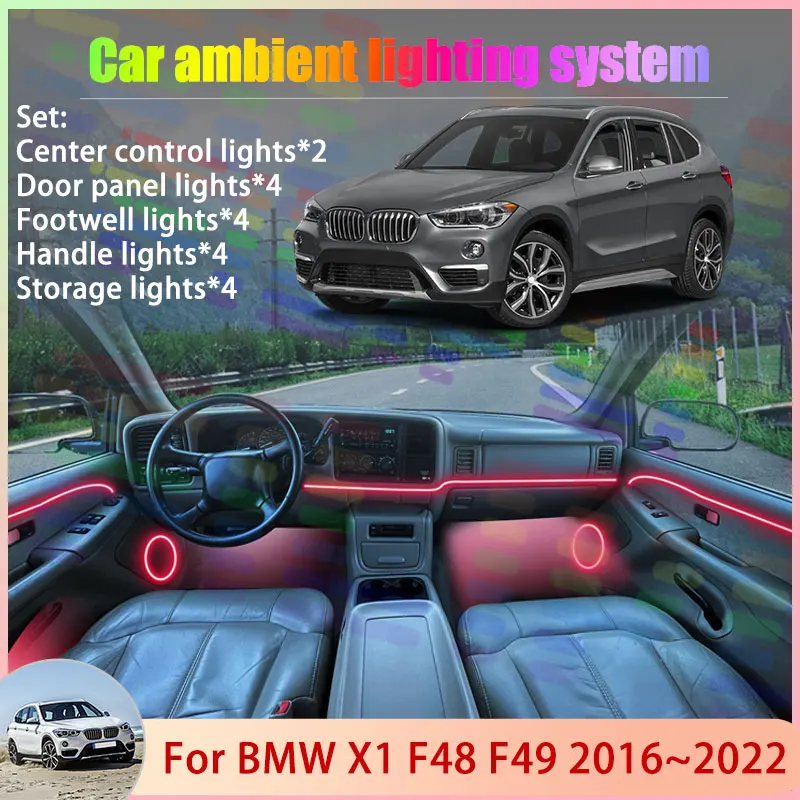

Для BMW X1 F48 F49 2016 ~ 2022 2017 2018 2019 MK2 2/18 в 1 автомобильный атмосферный светильник RGB абажур ансамбль стример атмосферный набор
