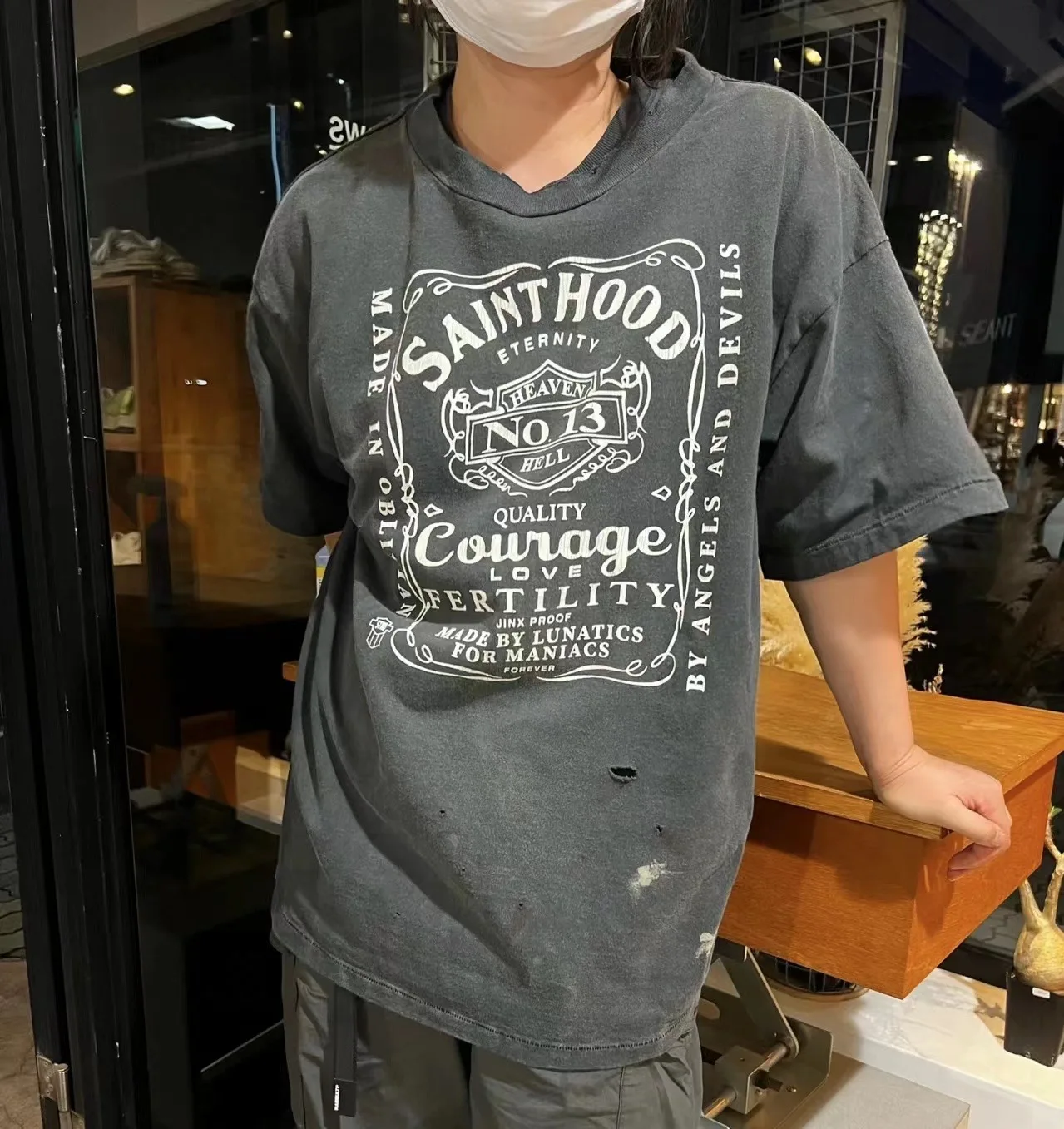 

Футболка Saint Michael X High Street Waed Ripped ort Sve ex Vintage Sle round Ne Loose Fit Summer Faion