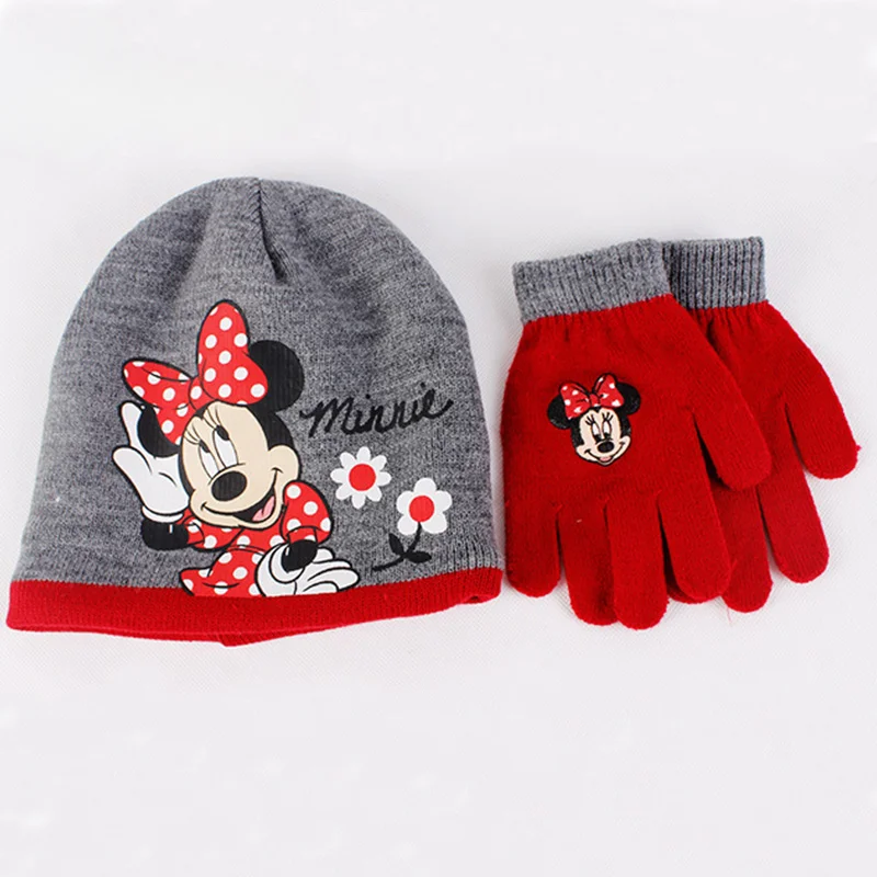 Disney 2 pz/set Minnie Print guanti per cappelli lavorati a maglia inverno caldo moda cappelli per bambini berretto da ragazza guanto magico