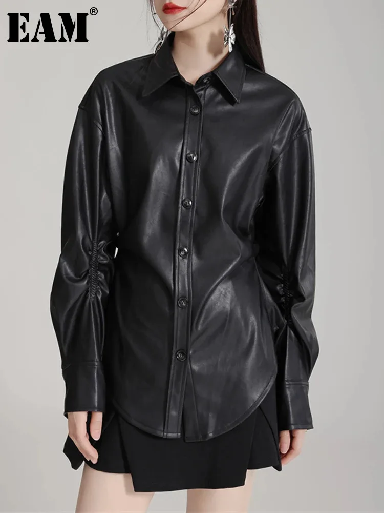 

[EAM] Women Black Pu Leather Elastic Waist Elegant Blouse New Lapel Long Sleeve Shirt Fashion Tide Spring Autumn 2024 1DH4781