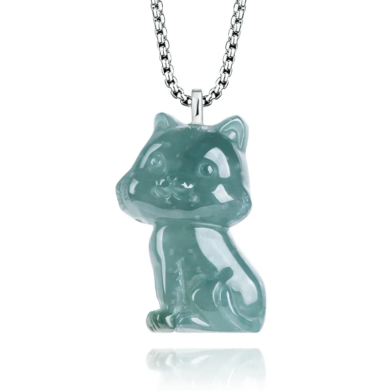 

Genuine Natural A Jadeite Blue Water Stereoscopic Cat Cartoon Pendant Ice Planted Jade Men's Gifts Women's Cute Charms Jewelry