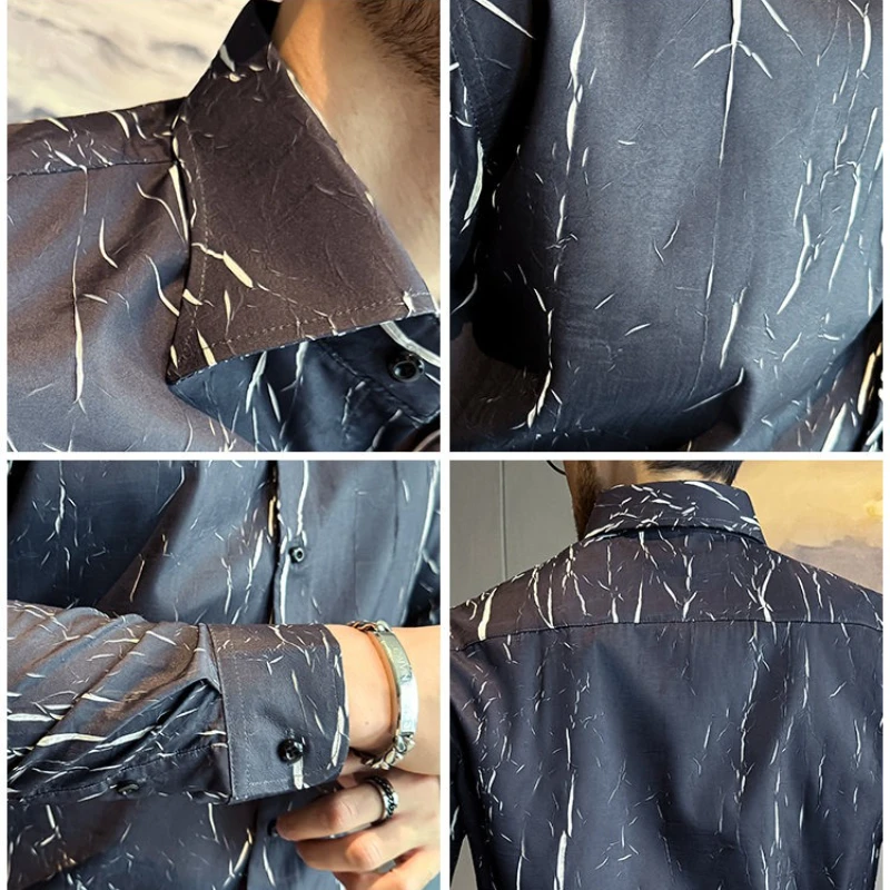 قميص رجالي بأكمام طويلة بنمط فرقعة - أزرق داكن (أسود/أخضر) M-3XL تصميم أنيق برقبة على شكل حرف V قماش قابل للتمدد للتجاعيد ​