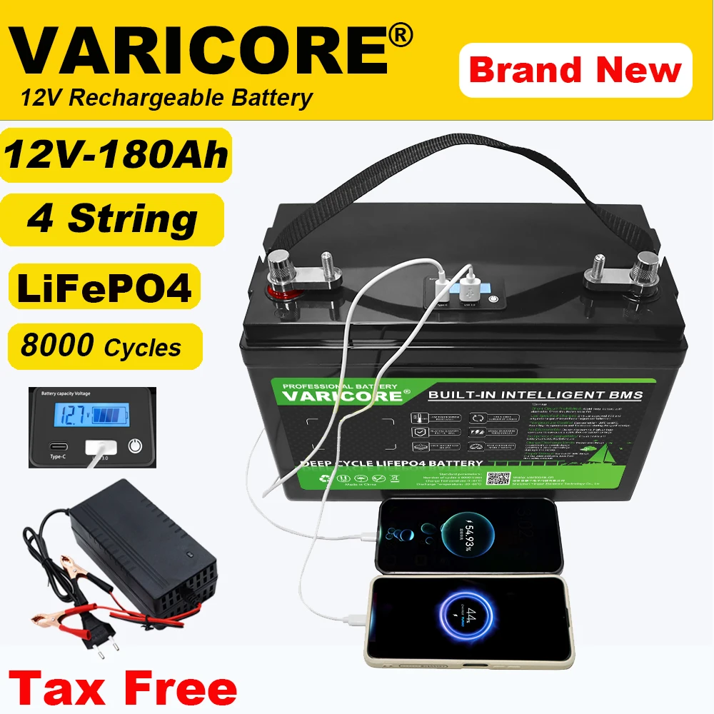 

VariCore 12V/12.8V 180AH LCD LiFePO4 Battery pack 4 String Lithium Batteries for Golf cart RV Touring Car Solar 14.6v Charger