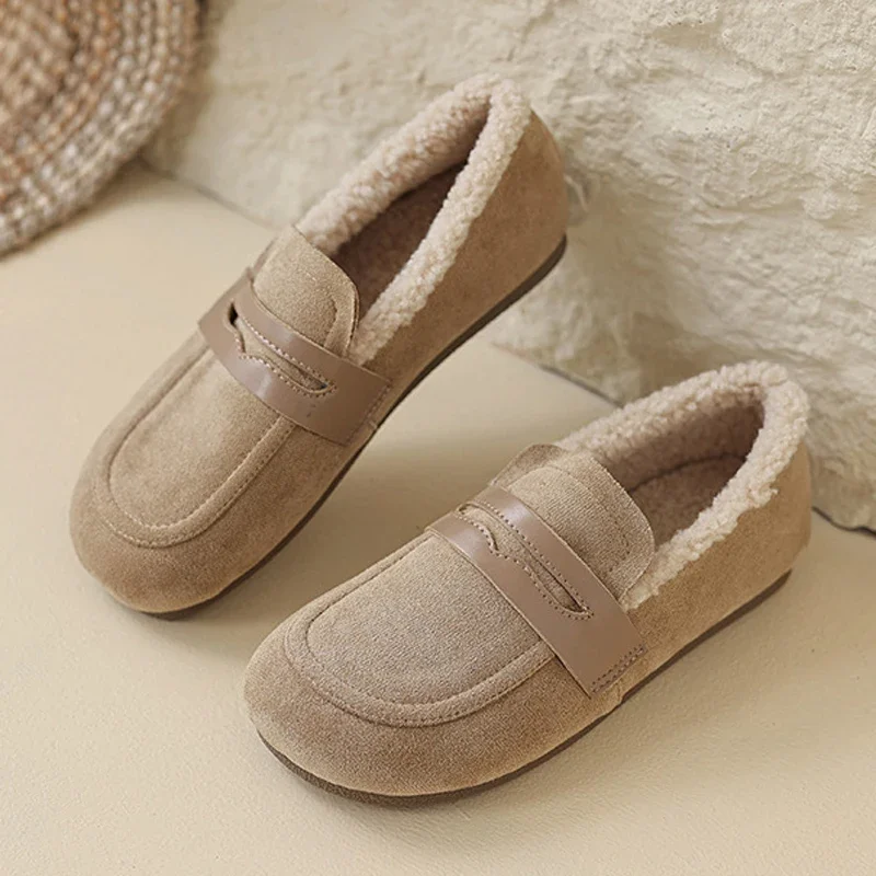 Casual Lambswool Flats Women Flock Upper Shoes Winter Wide Square Toe Loafers Fur Mocasines Mujer Cotton Lined Sheep Furry Boots