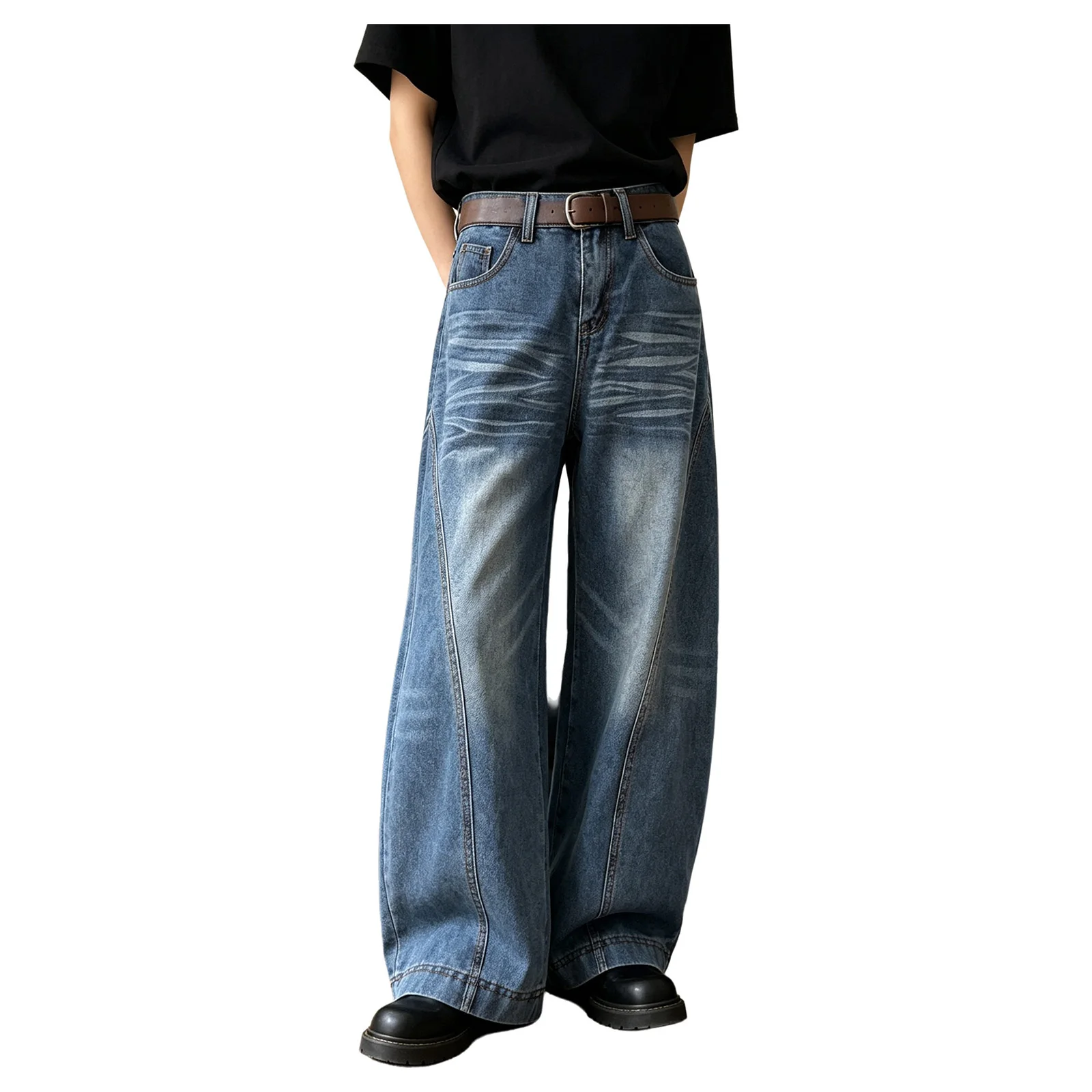 Calças de ganga largas estilo Y2K para adultos, com cintura alta, pernas largas e bolsos, calças de ganga vintage com efeito desgastado, calças de gan