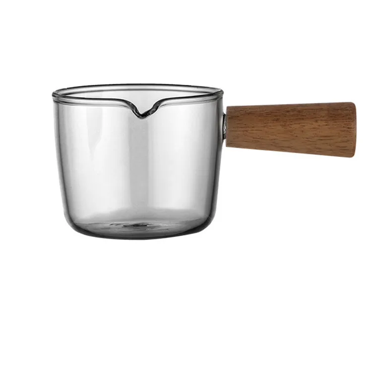 

1pc Short Handled Milk Measuring Cup Coffee Milk Measuring Cup Wooden Handle Transparent Glass Measuring Cup Kitchen Accessories